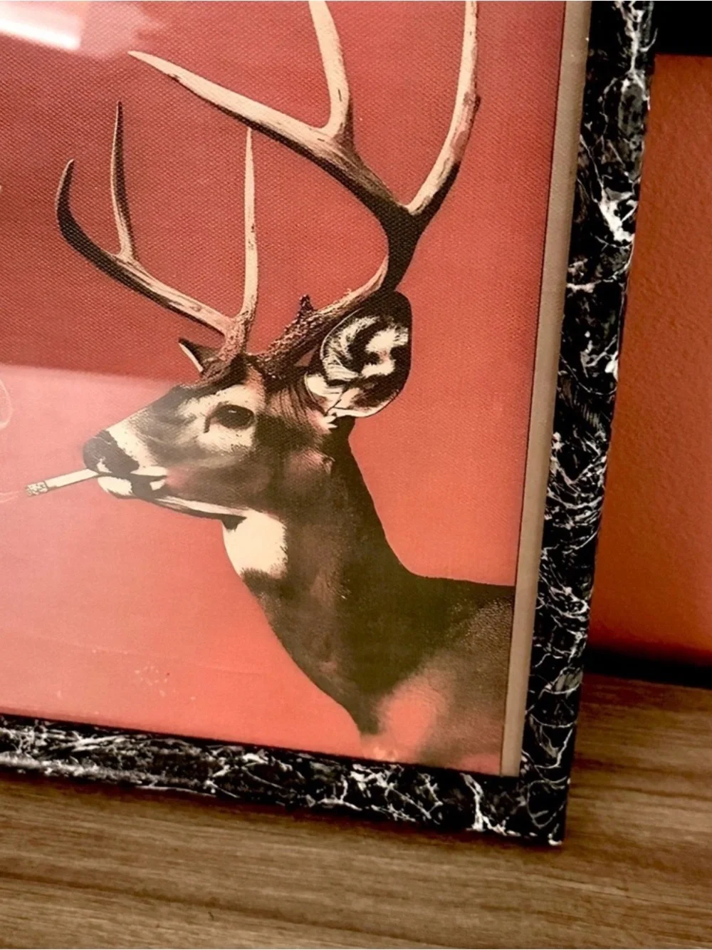 Vintage Style Buck Smoking a Cigarette Canvas Art Print Marbled Framed Deer Hunt